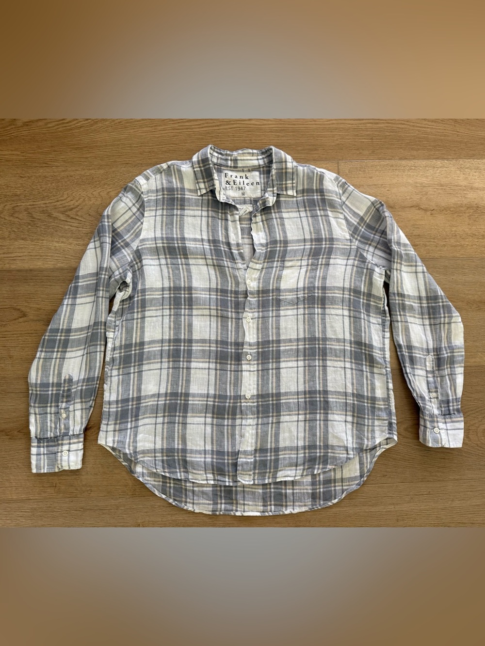 Frank & Eileen Eileen 100% Linen Plaid Button Up Shirt M Gray